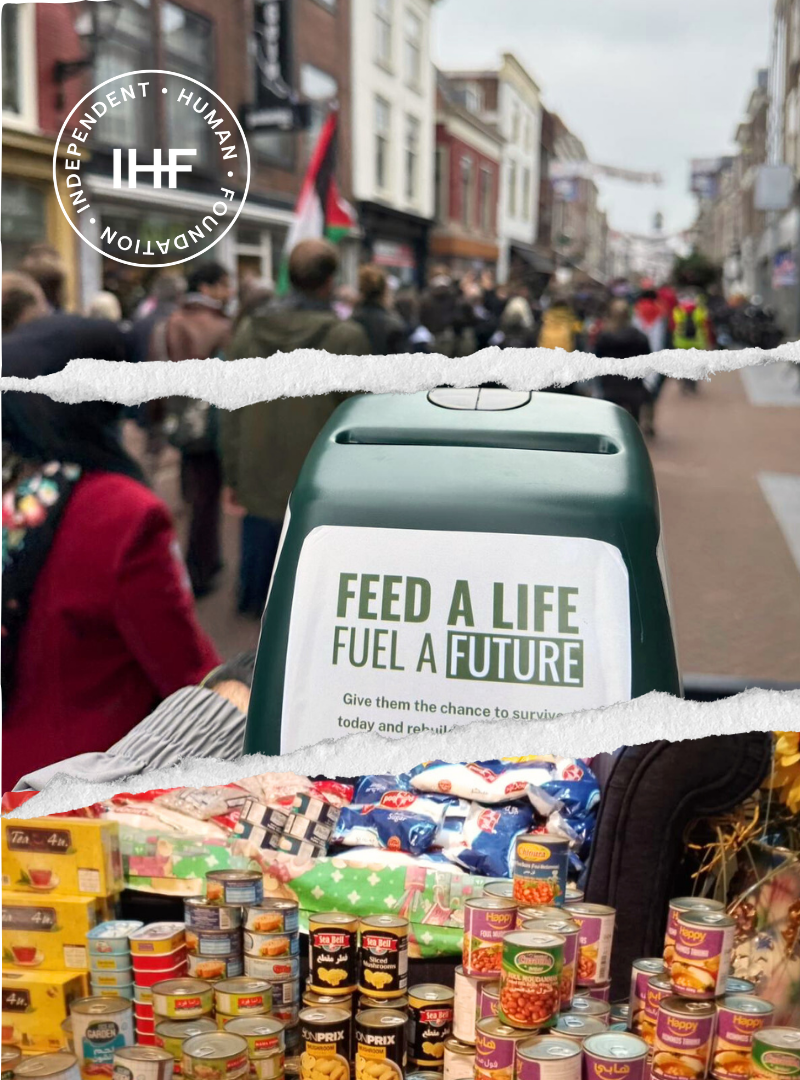 About Independent Human Foundation A collage of IHF photos - people walking, a collection box for donations and piles of food ready for aid delivery.